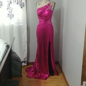 NWOT Flirt one shoulder jeweled dazzling bubblegum pink prom 10